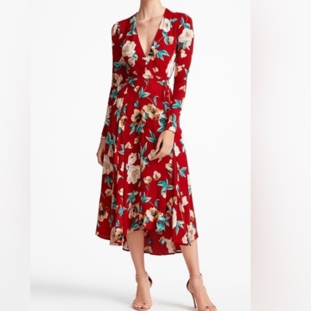 Stone Cold Fox Silk Wrap Dress Womens Small Red Floral Long Sleeve Maxi Gown